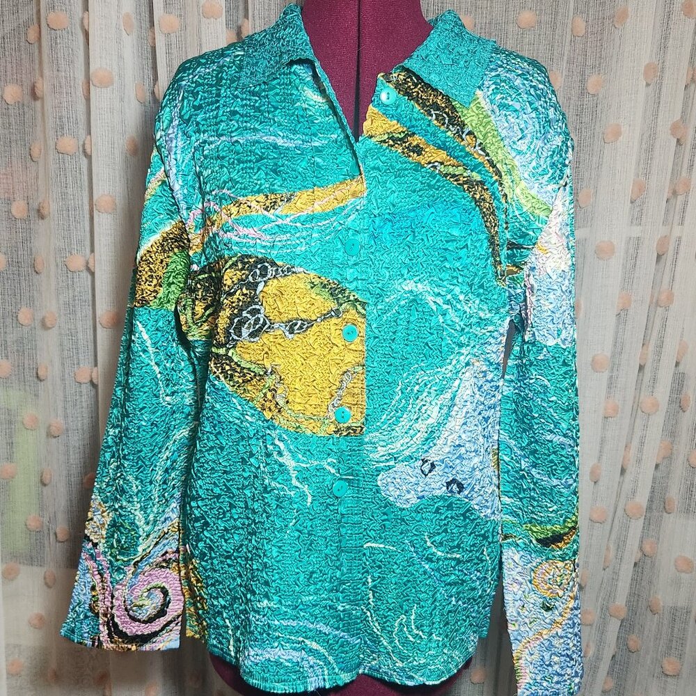 Vintage Women's Reversible light jacket - M, teal and Monet inspired design